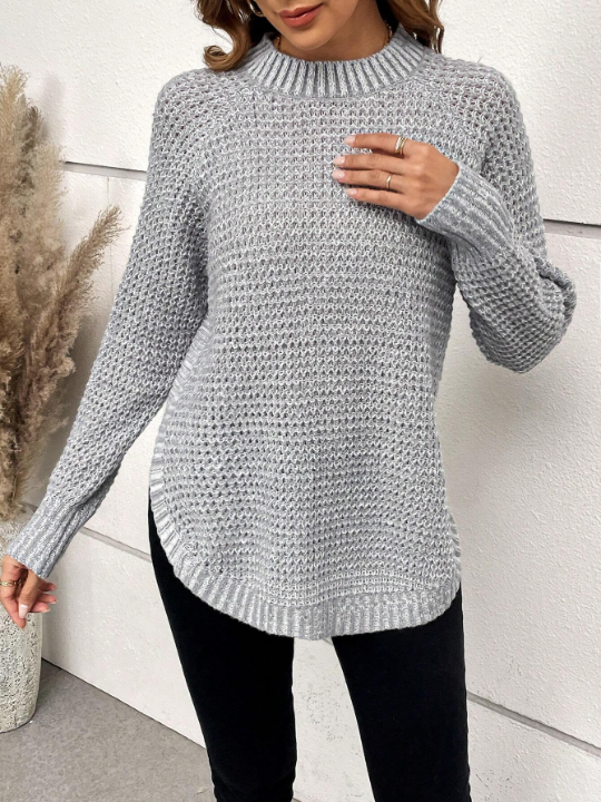 Solid Raglan Sleeve Curved Hem Sweater