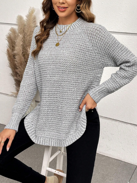 Solid Raglan Sleeve Curved Hem Sweater