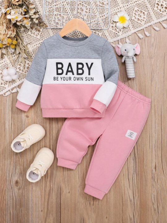 Baby Girl Letter Graphic Colorblock Sweatshirt & Sweatpants