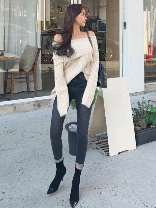 DAZY Foldover Off Shoulder Ribbed Knit Sweater