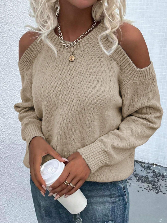 LUNE Cold Shoulder Solid Sweater