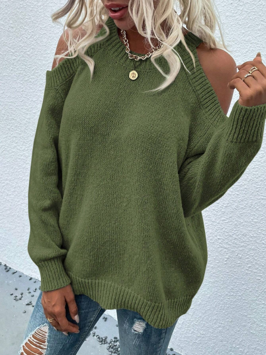 LUNE Cold Shoulder Solid Sweater