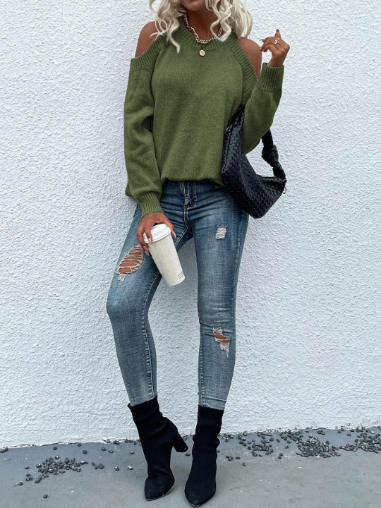 LUNE Cold Shoulder Solid Sweater