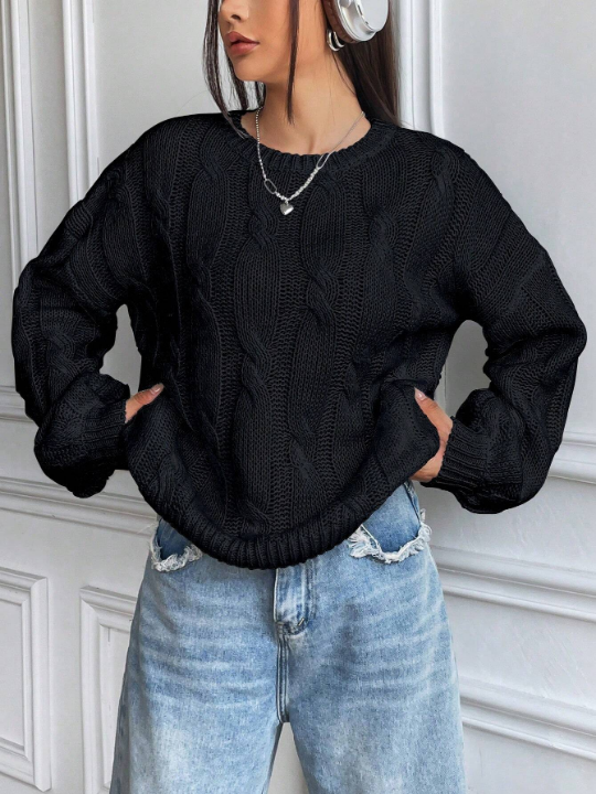 Solid Cable Knit Drop Shoulder Sweater