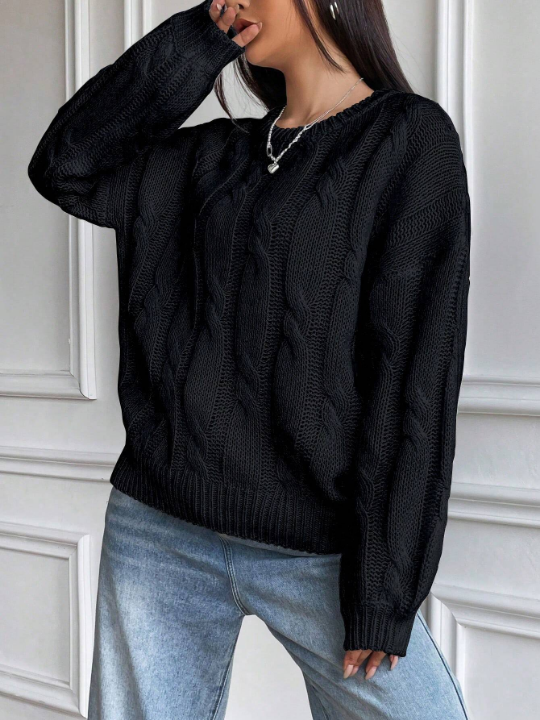 Solid Cable Knit Drop Shoulder Sweater