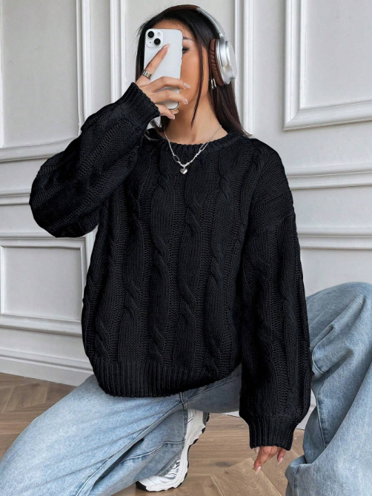 Solid Cable Knit Drop Shoulder Sweater