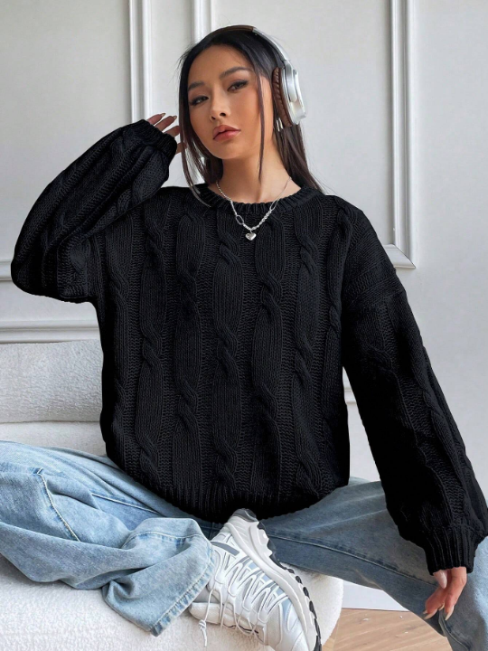 Solid Cable Knit Drop Shoulder Sweater