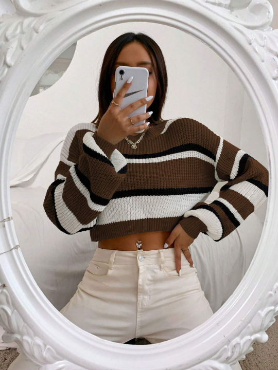 Color Block Drop Shoulder Crop Sweater