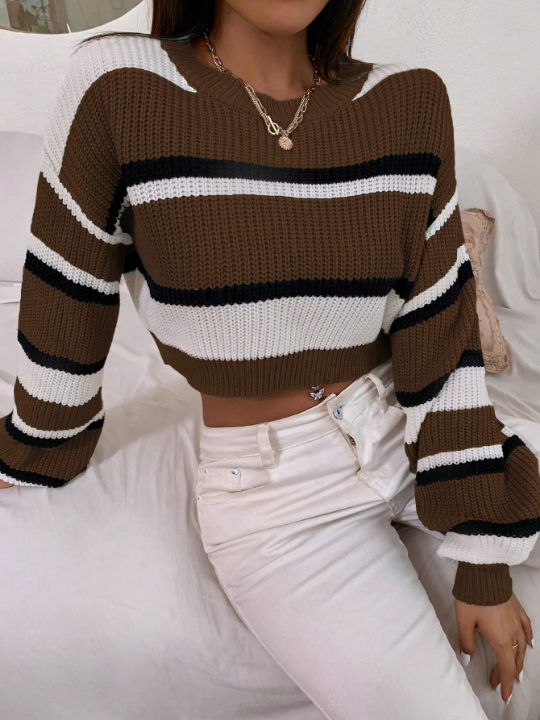 Color Block Drop Shoulder Crop Sweater