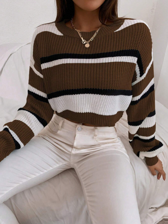 Color Block Drop Shoulder Crop Sweater