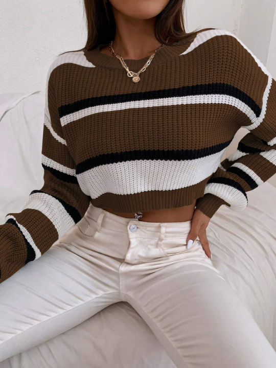 Color Block Drop Shoulder Crop Sweater