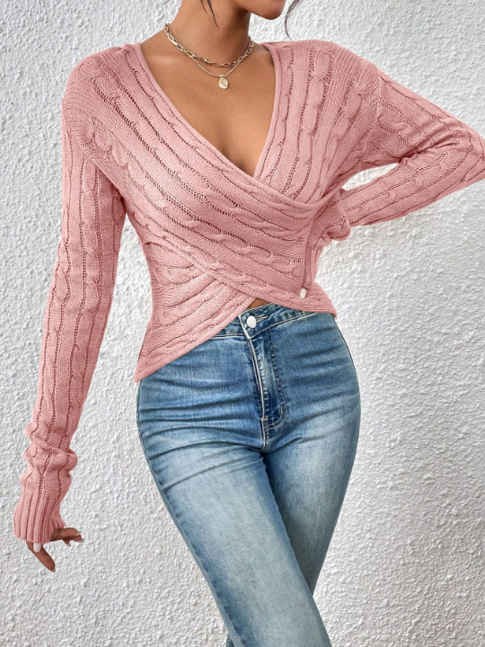 Essnce Crossover Cable Knit Drop Shoulder Crossover Sweater