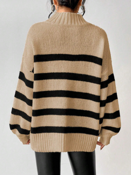 Essnce Striped Pattern Mock Neck Drop Shoulder Sweater