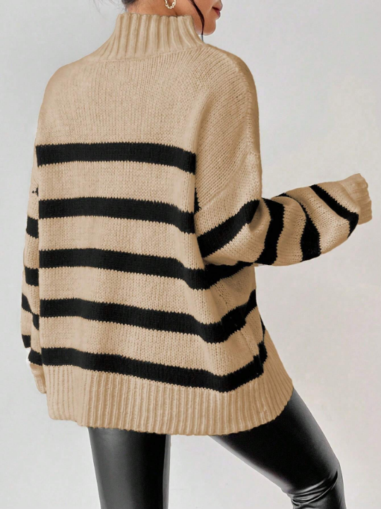 Essnce Striped Pattern Mock Neck Drop Shoulder Sweater