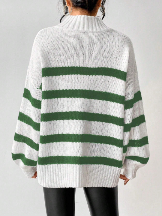 Essnce Striped Pattern Mock Neck Drop Shoulder Sweater