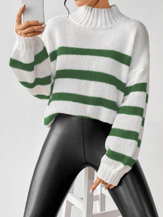 Essnce Striped Pattern Mock Neck Drop Shoulder Sweater