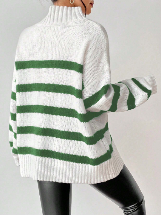 Essnce Striped Pattern Mock Neck Drop Shoulder Sweater