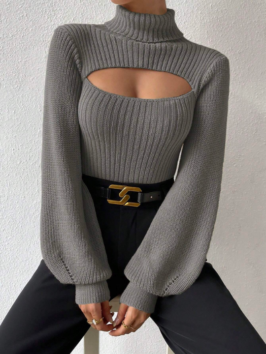 Essnce Turtleneck Cut Out Eyelet Detail Sweater