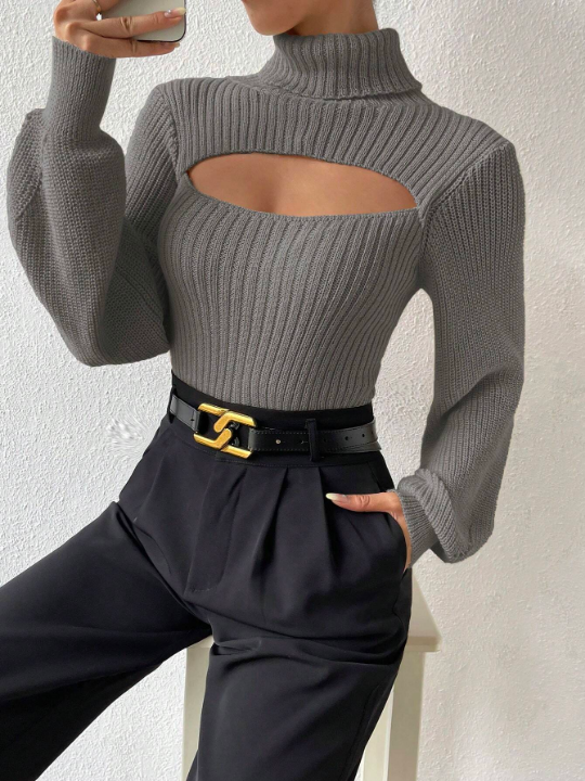 Essnce Turtleneck Cut Out Eyelet Detail Sweater