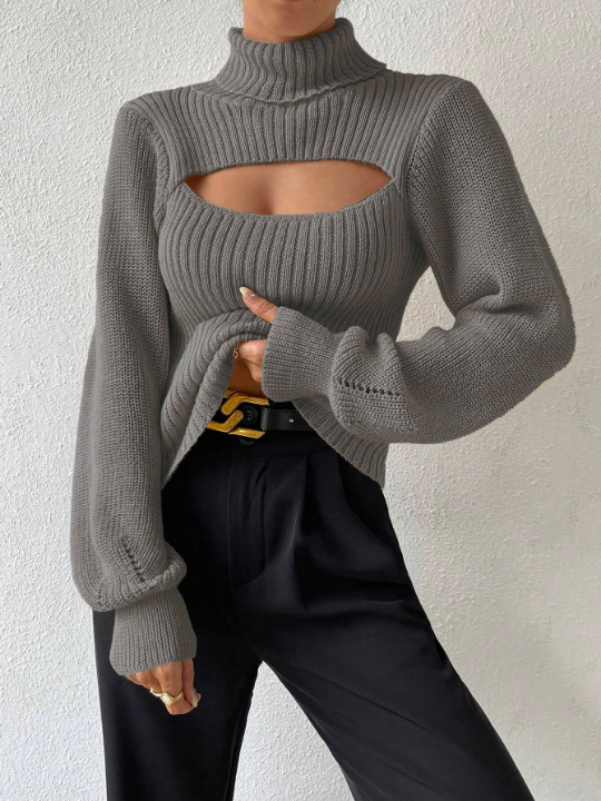 Essnce Turtleneck Cut Out Eyelet Detail Sweater