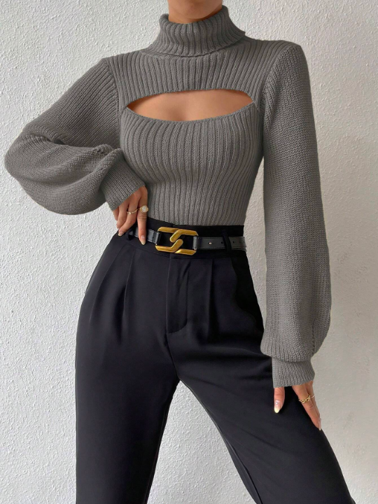 Essnce Turtleneck Cut Out Eyelet Detail Sweater