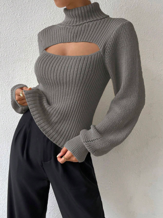 Essnce Turtleneck Cut Out Eyelet Detail Sweater