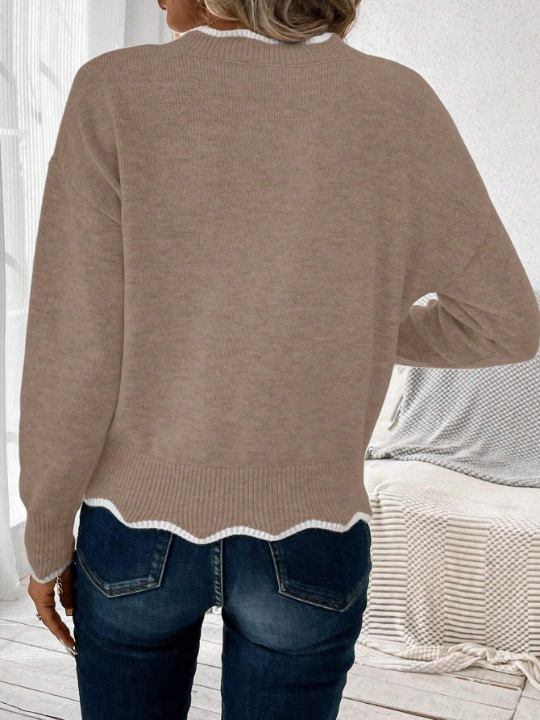 LUNE Contrast Binding Drop Shoulder Scallop Trim Sweater