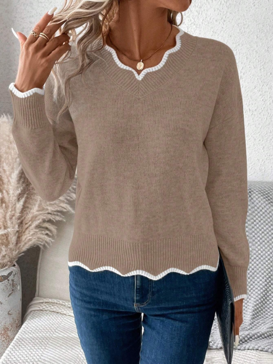 LUNE Contrast Binding Drop Shoulder Scallop Trim Sweater