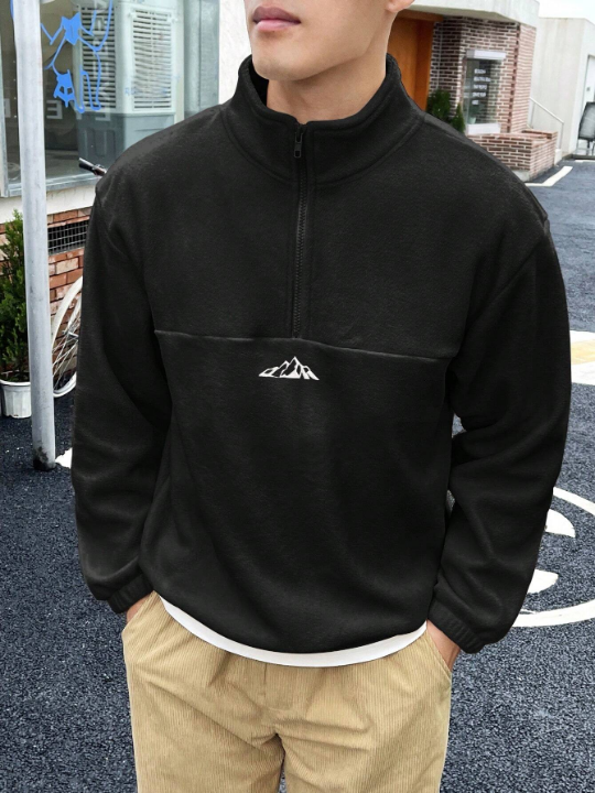 Manfinity Homme Men's Loose Fit Fleece Sweatshirt With Mountain Embroidery And Half Zip