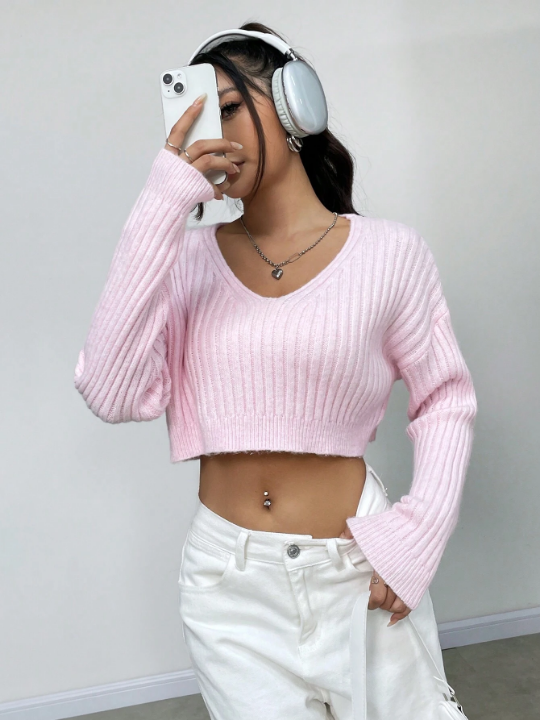 Drop Shoulder Ribbed Knit Crop Sweater