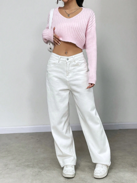 Drop Shoulder Ribbed Knit Crop Sweater