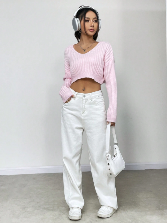 Drop Shoulder Ribbed Knit Crop Sweater