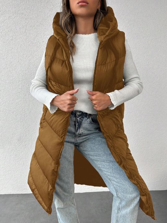 Zip Up Drawstring Hooded Puffer Vest Coat