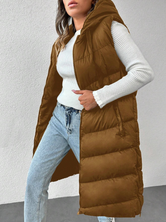 Zip Up Drawstring Hooded Puffer Vest Coat