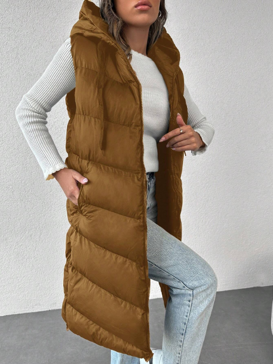 Zip Up Drawstring Hooded Puffer Vest Coat