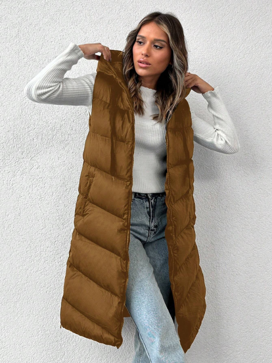 Zip Up Drawstring Hooded Puffer Vest Coat