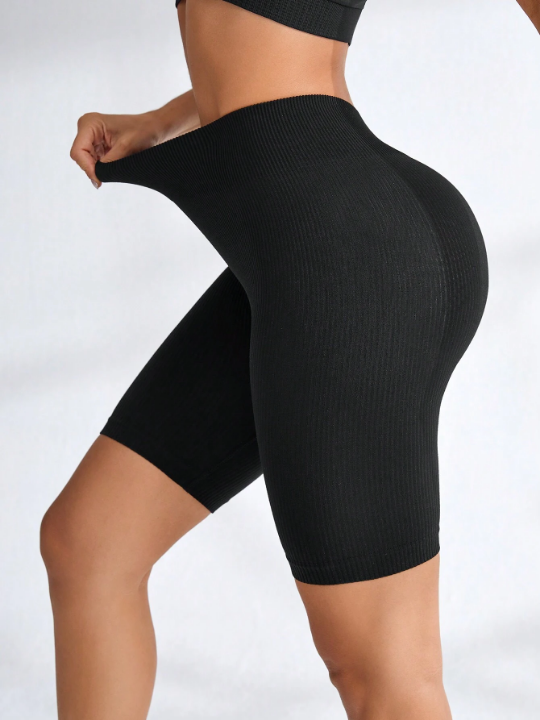 Yoga Basic Rib-Knit Seamless Sports Biker Shorts High Waisted Shorts Black Shorts