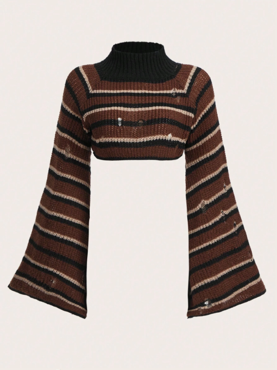 ROMWE Fairycore Striped Pattern Mock Neck Bell Sleeve Crop Sweater