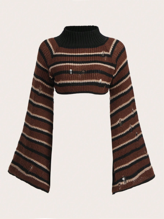 ROMWE Fairycore Striped Pattern Mock Neck Bell Sleeve Crop Sweater