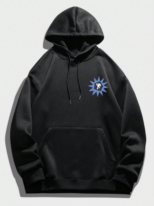 Men Slogan & Cartoon Graphic Kangaroo Pocket Drawstring Hoodie