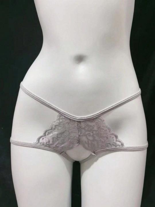 1pc Women's Sexy Low-rise T-back Thong With Grey Lace & Bowknot Decor