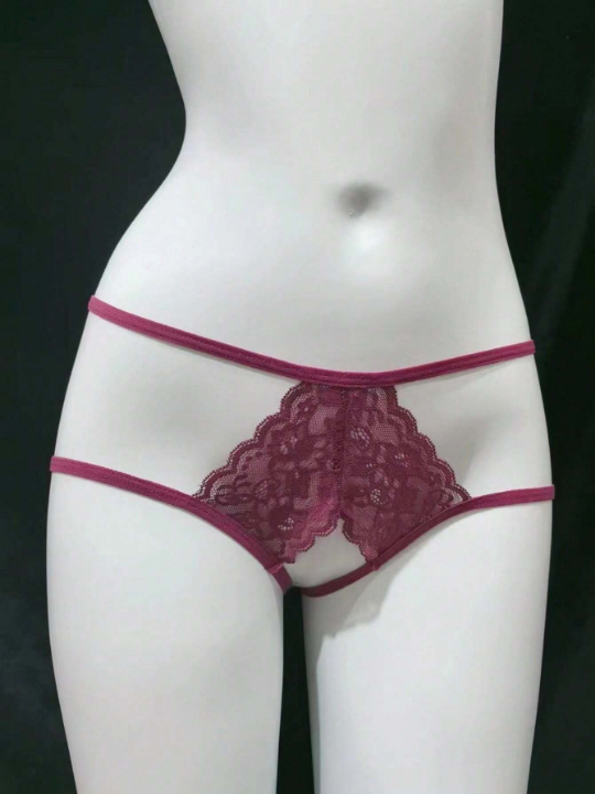 1pc Women's Sexy Low-rise T-shaped Panties With Lace & Butterfly Knot Decoration