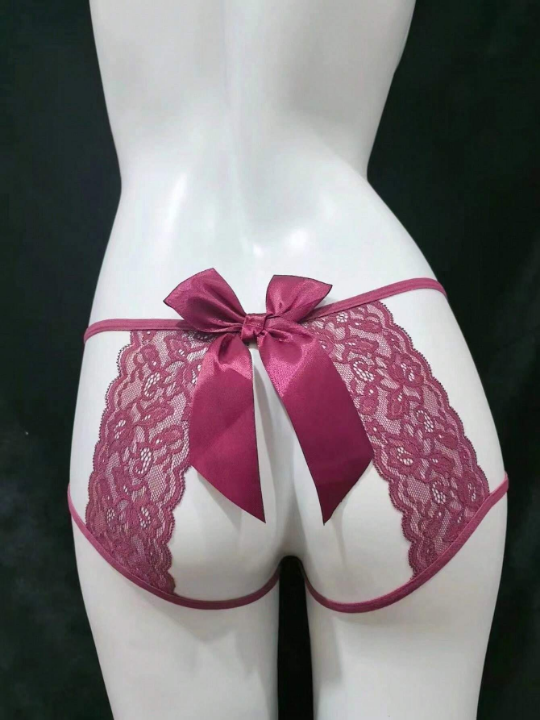 1pc Women's Sexy Low-rise T-shaped Panties With Lace & Butterfly Knot Decoration