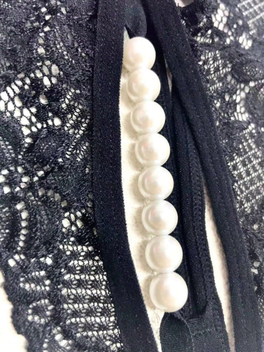 Pearl Decor High Waist Thong Panties With Lace Trim And For Women