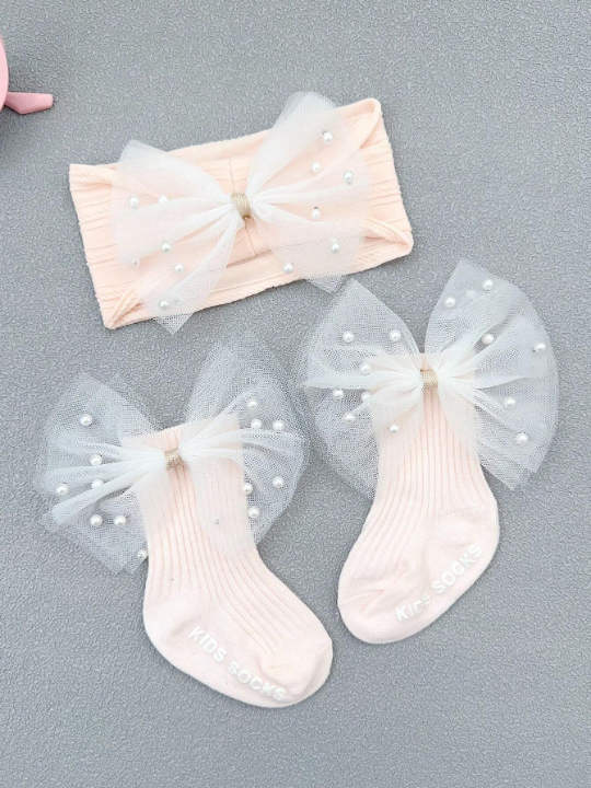 1pair White Pearl Yarn Baby Socks + 1pc Baby Hairband