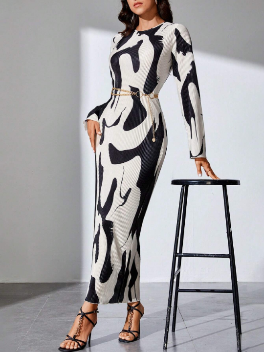 Tall Graphic Print Bodycon Dress With Belt