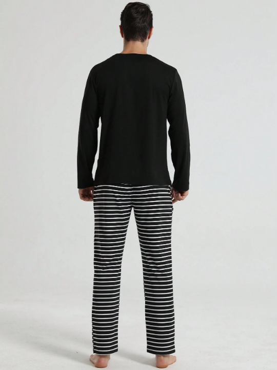 Men's Long Sleeve T-shirt Top & Casual Elastic Stripe Pants Set For Home, 2pcs