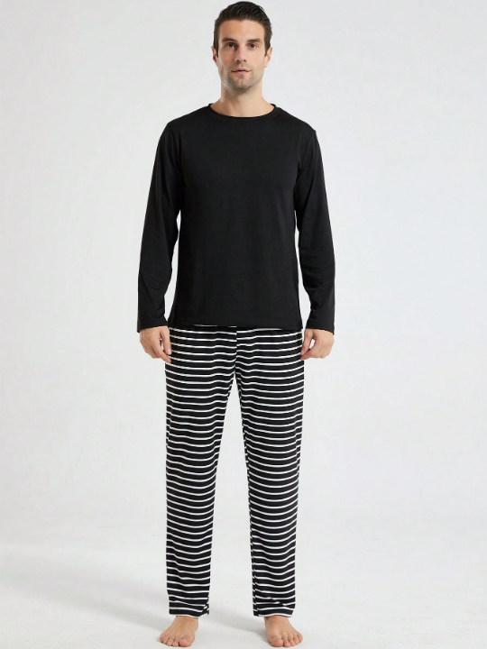 Men's Long Sleeve T-shirt Top & Casual Elastic Stripe Pants Set For Home, 2pcs