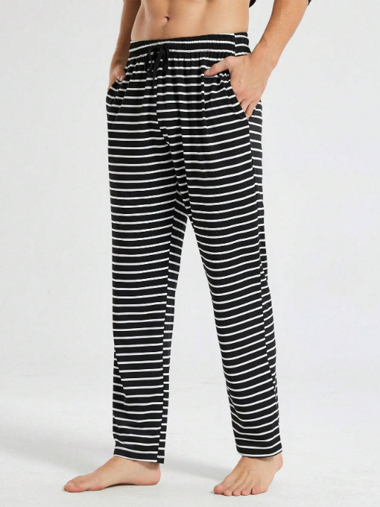 Men's Long Sleeve T-shirt Top & Casual Elastic Stripe Pants Set For Home, 2pcs