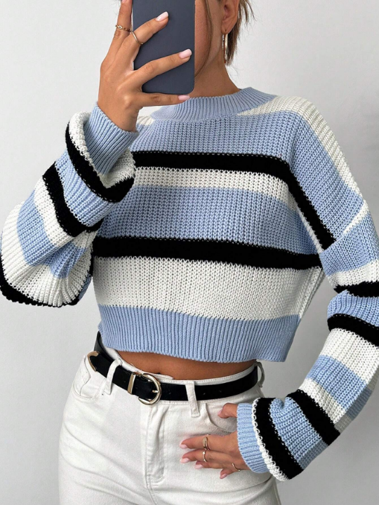 Striped Pattern Drop Shoulder Sweater